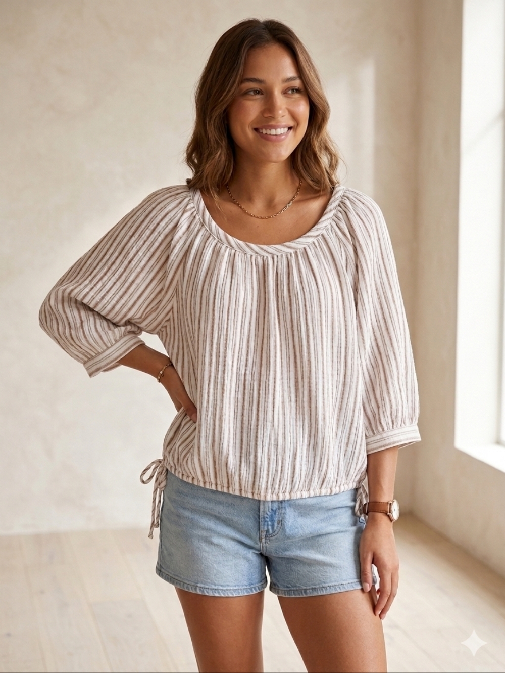 Just Living Cream Striped Peasant Blouse